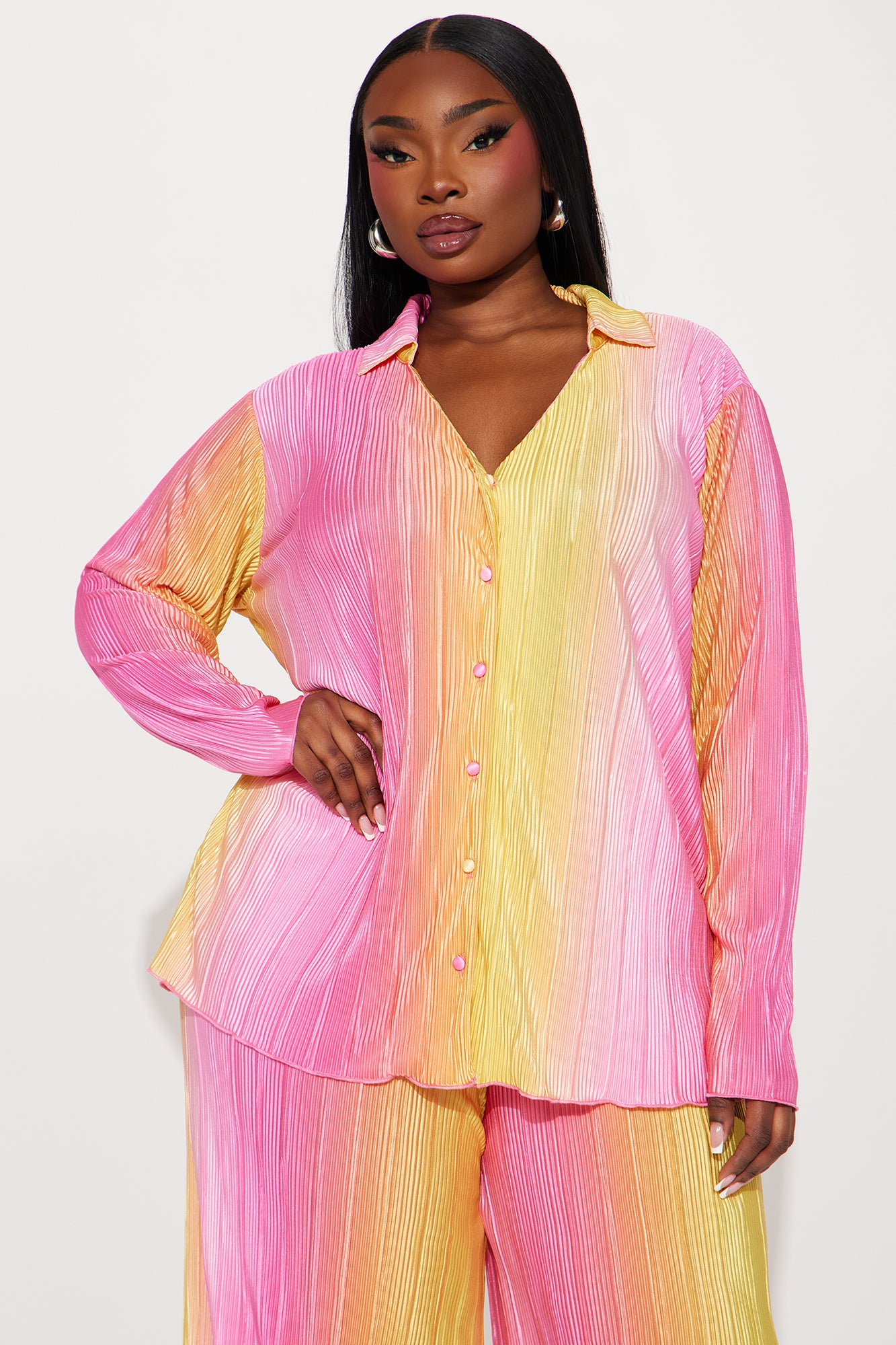 Isabel Shimmer Plisse Pant Set - Pink/combo
