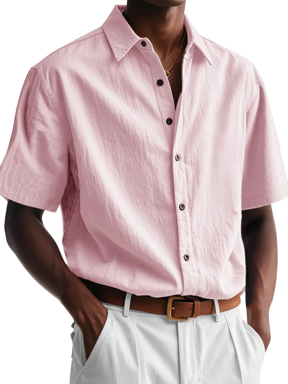 Men's Fashion Casual Pleated Fabric Short Sleeve Lapel Shirt
