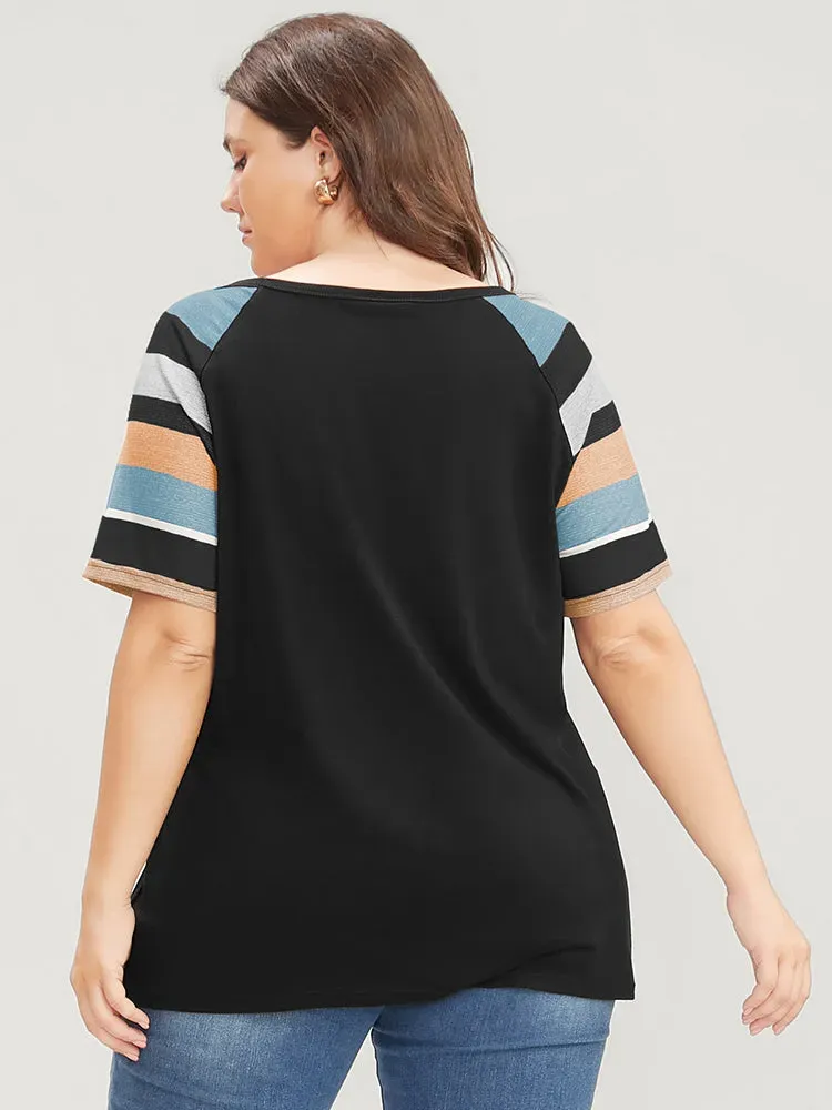 Striped Contrast Raglan Sleeve Round Neck T-shirt