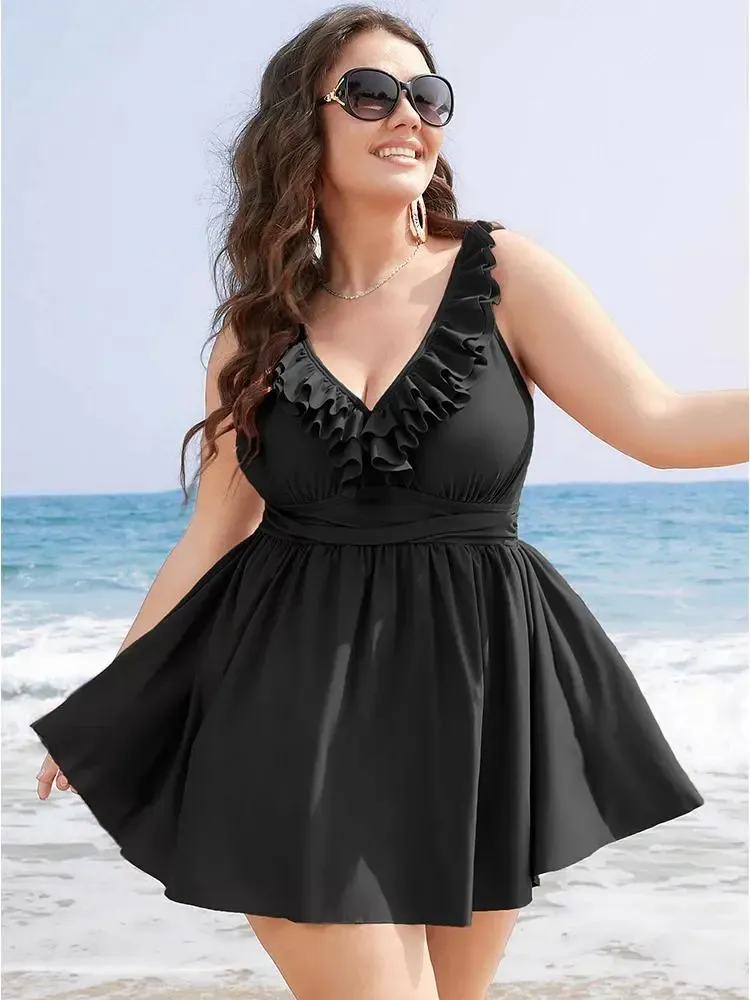 Ruffle Trim Adjustable Straps Gathered Sculpt Waist Swim Dress