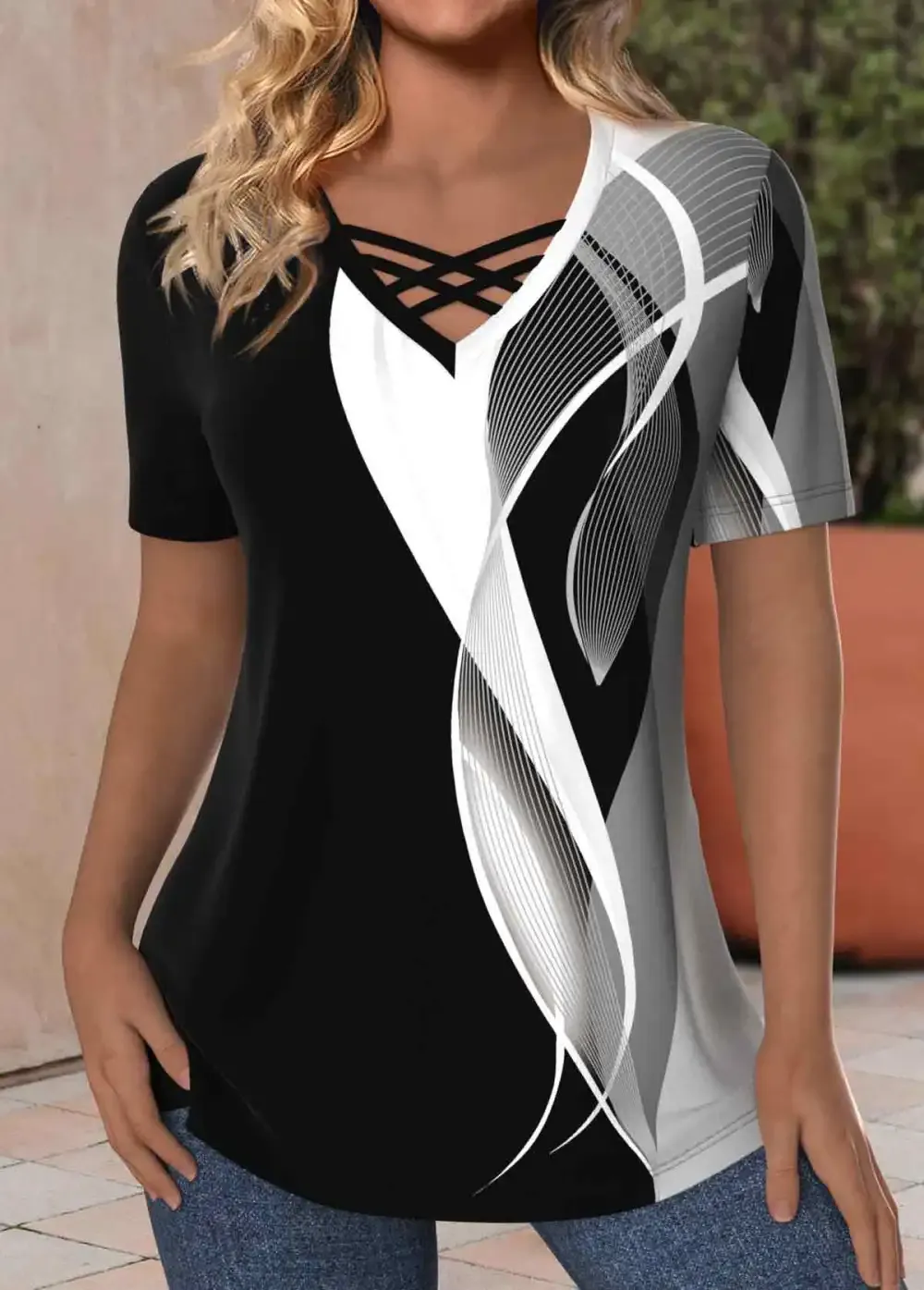 Black Criss Cross Geometric Print Short Sleeve T Shirt