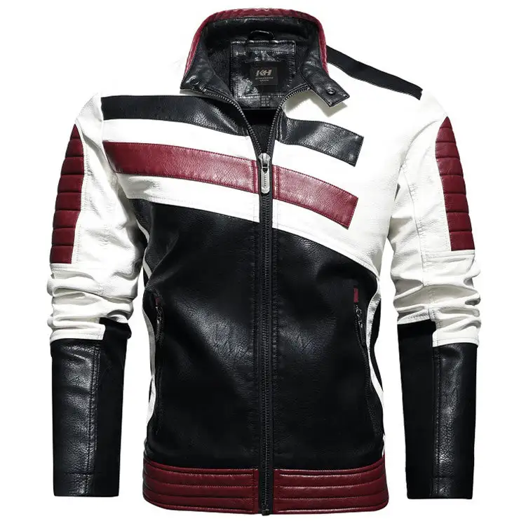 Casual Stand Collar Stitching Men's Leather Jacket