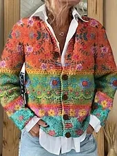 Women's Cardigan Sweater Knitted Ribbed Button Front Round Neck Long Sleeve Lightweight female Elegant Vintage Floral Graphic Striped Buttons Print Knit Outdoor Weekend Pink Purple Fall Winter