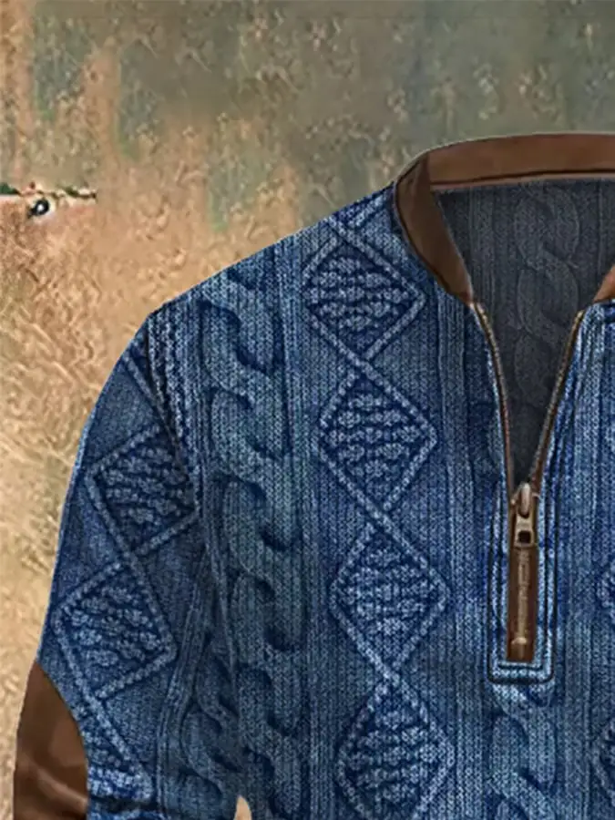 Men'S Casual 1/4 Zipper Half Stand Collar Retro Print Long Sleeve Sweatshirt