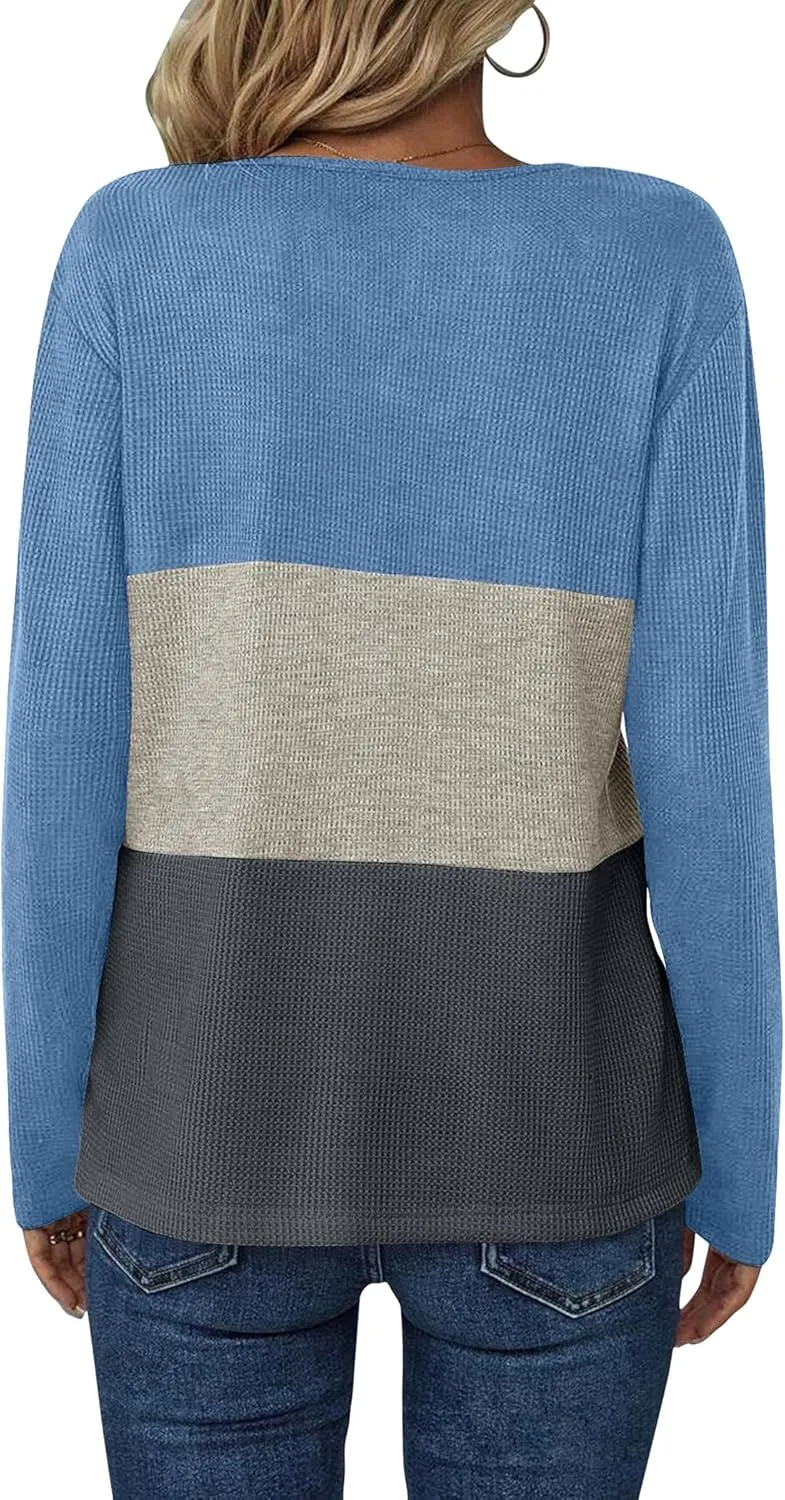 Women's Waffle Shirts V Neck Long Sleeve Tops Color Block T-Shirts Casual Tunics 2024 Fashion Basic Tees
