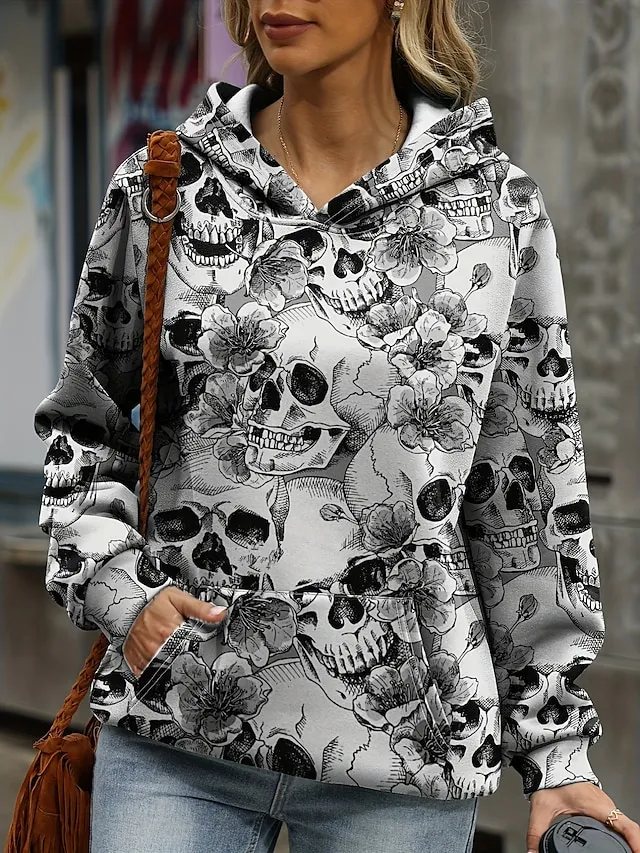 Women's Halloween Sweatshirt Pullover Active Sports Front Pocket Pink Blue Gray Floral Skull Halloween Casual Hoodie Long Sleeve Top Micro-elastic Fall & Winter