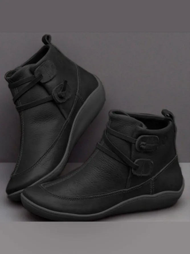 Vintage Women Casual Braided Strap Breathable Lether PU Flat Heel Classic Boots