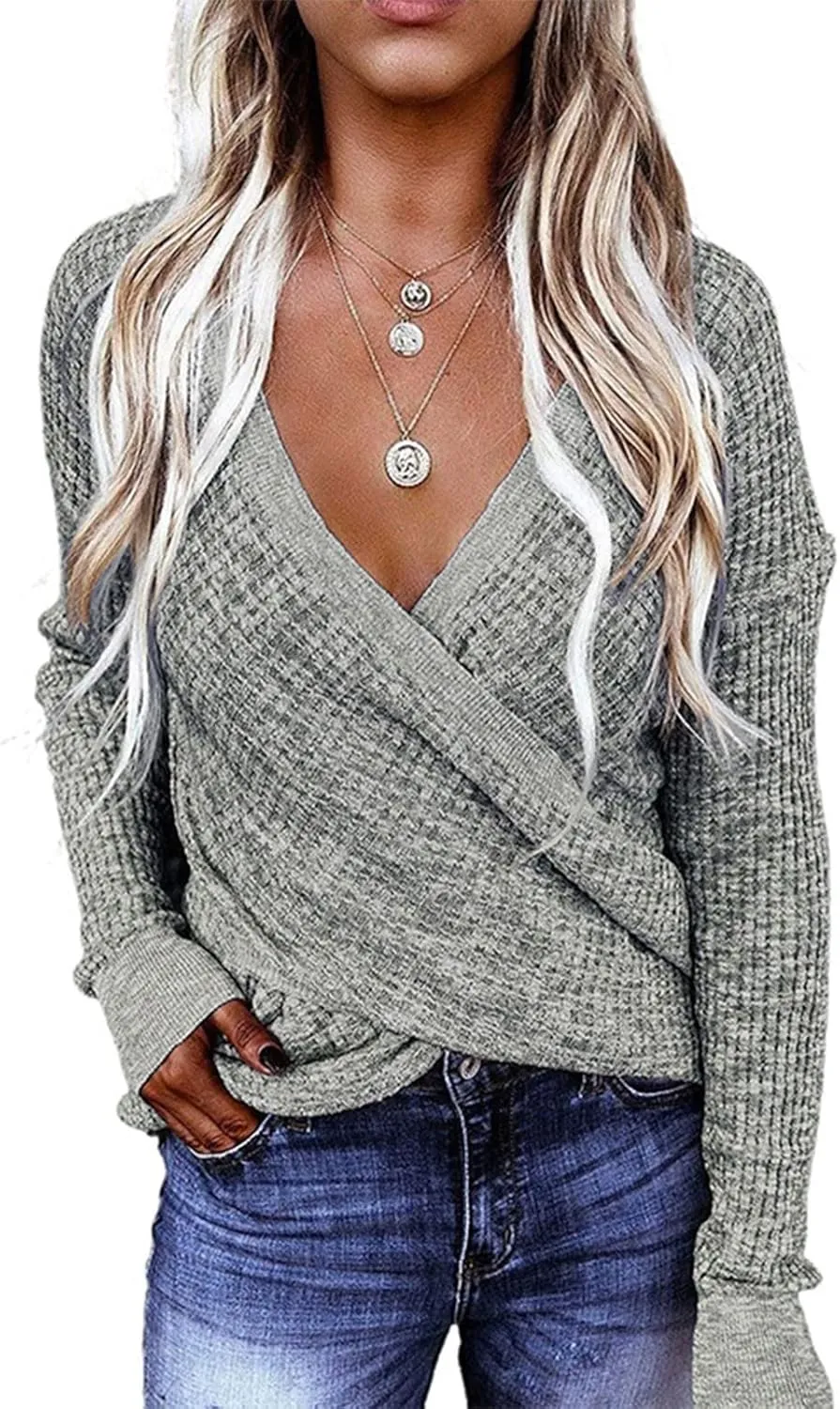 Women's Fall Sweater 2023 Wrap Sweaters Long Sleeve Knitted Asymmetric Hem Pullover Solid Color Tops Sweater