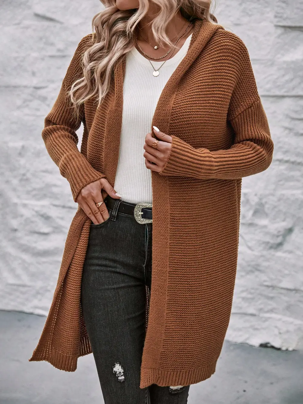 Chevron Pattern Bishop Sleeve Duster Cardigan