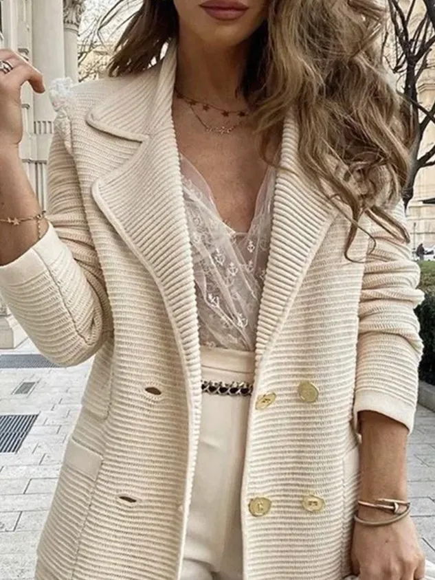 Lapel Collar Long Sleeve Plain Buckle Regular Micro-Elasticity Loose Blazer For Women