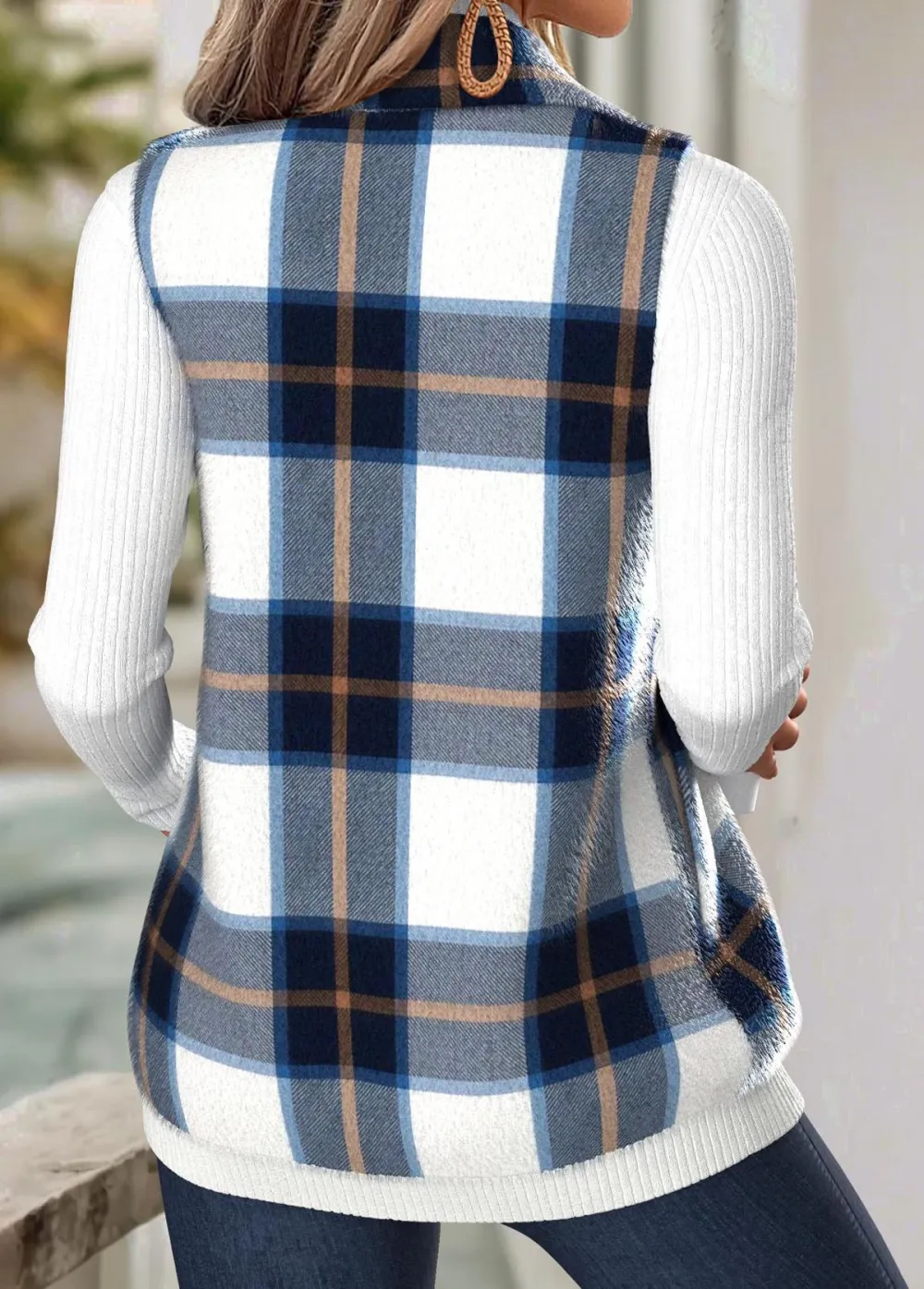 Navy Tummy Coverage Plaid Sleeveless Turn Down Collar Waistcoat