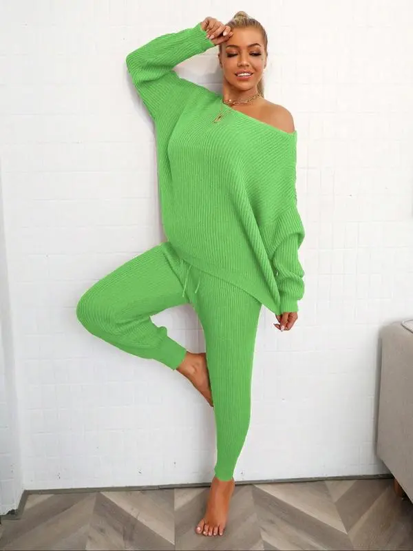 Women's Drop Shoulder Sweater & Drawstring Pants Two-Piece Set – Casual Fall Outfit