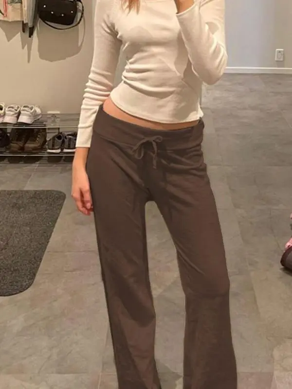 Women's Solid Adjustable Drawstring Waist Straight Leg Pants, Minimalist Flattering Pants for Women, Fashion Casual Chic Fitted Drop Waist Trousers for Daily Outdoor Casual Wear