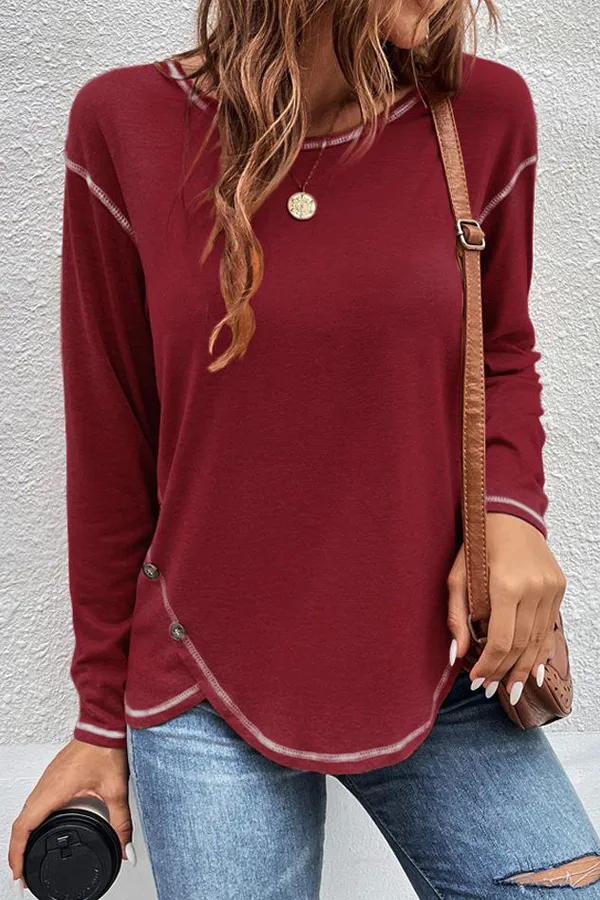 Casual Button Detailed Long Sleeve Irregular Top