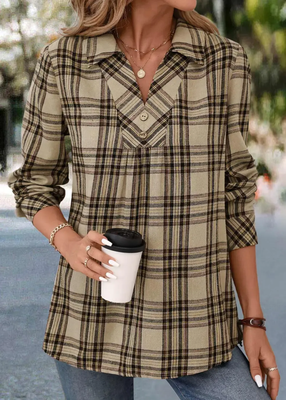 Light Coffee Button Plaid Long Sleeve Shirt