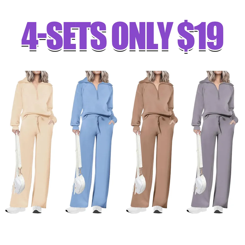 Women'swear Chic 2-Piece Set Outfits Half Zip Style Sweatshirts And Wide Leg Pants With Drawstring