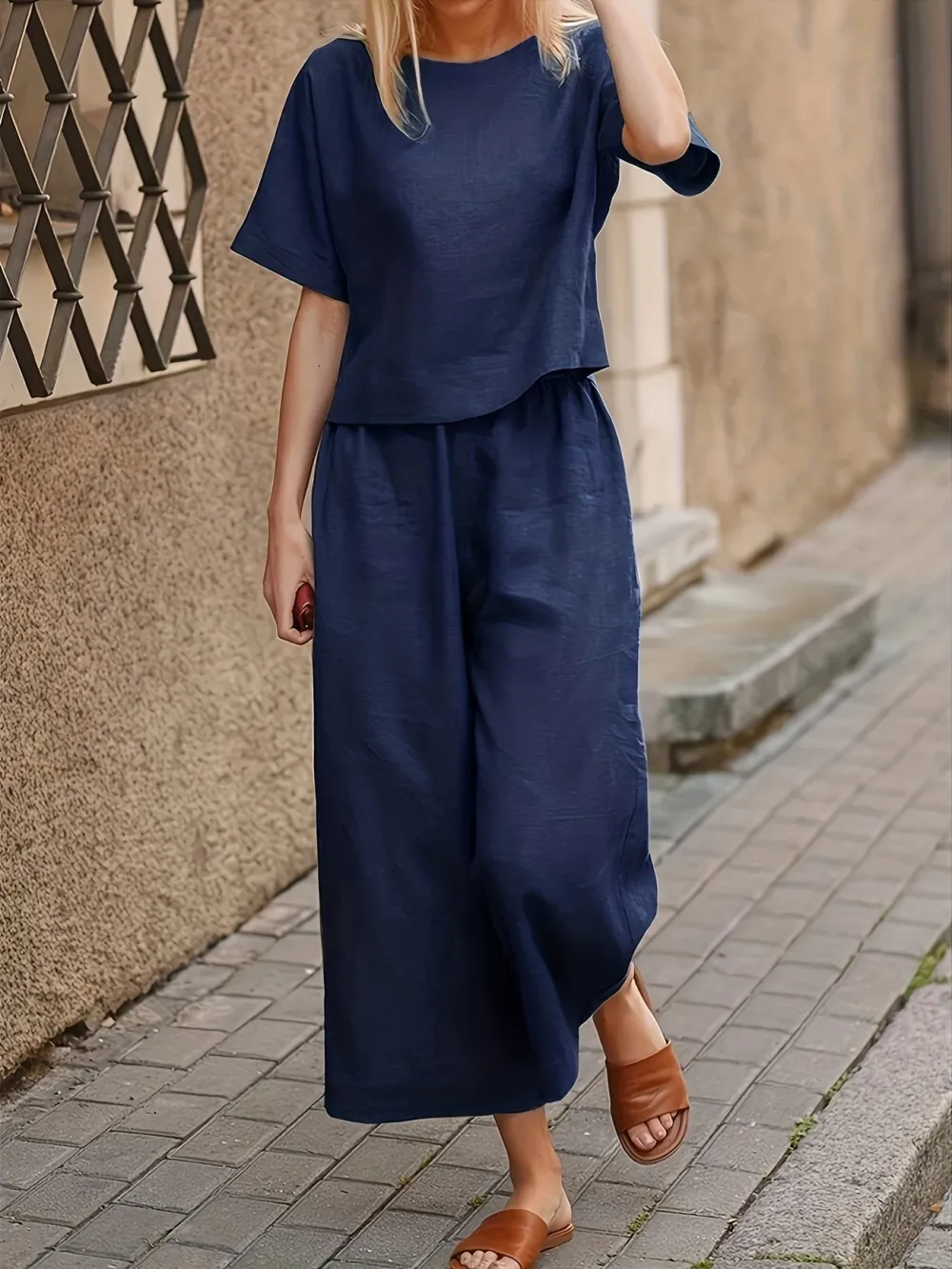 Two-piece Set, Solid Crew Neck Casual T-Shirt & Wide Leg Pants