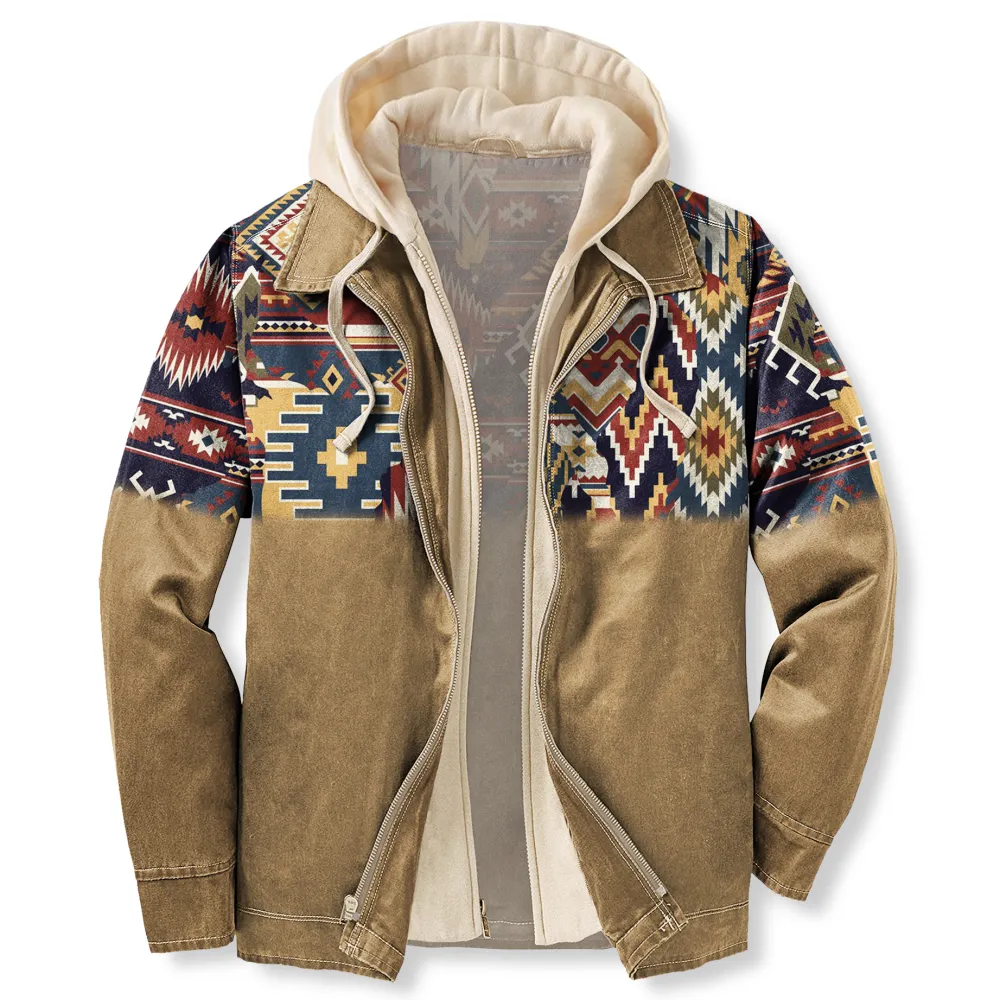 Men's Autumn & Winter Outdoor Casual Retro Ethnic Style Colorblock Print Hooded Jacket