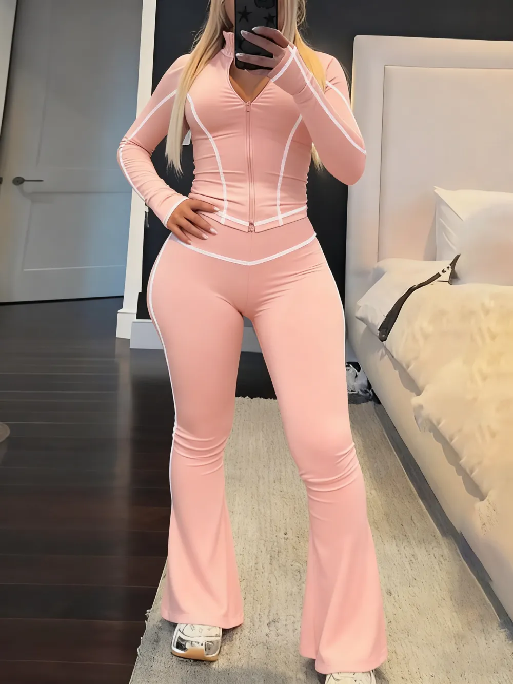 Women's Fall/Winter 2-Piece Set: Striped Zip-Up Jacket + High-Waist Pants (Long-Sleeve)