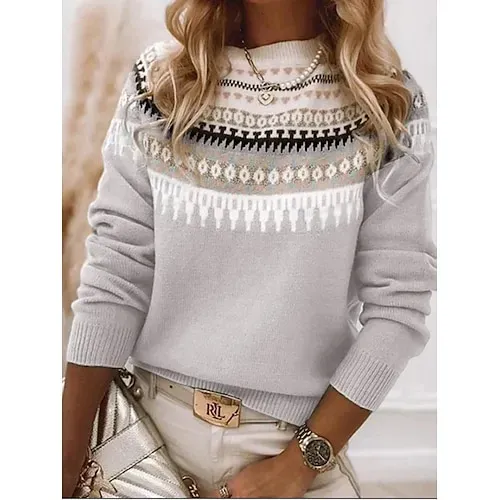 Women's Sweater Fair Isle Sweater Pullover Casual Soft Floral Ribbed Crew Neck Knitted Print Long Sleeve Regular Tops Knit Outdoor Daily Holiday Red Blue Fall Winter