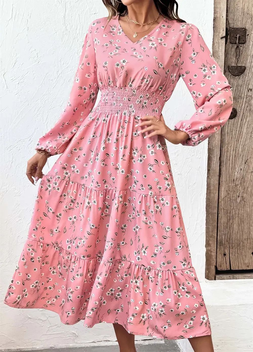 Pink Tummy Coverage Ditsy Floral Print Long Sleeve Dress
