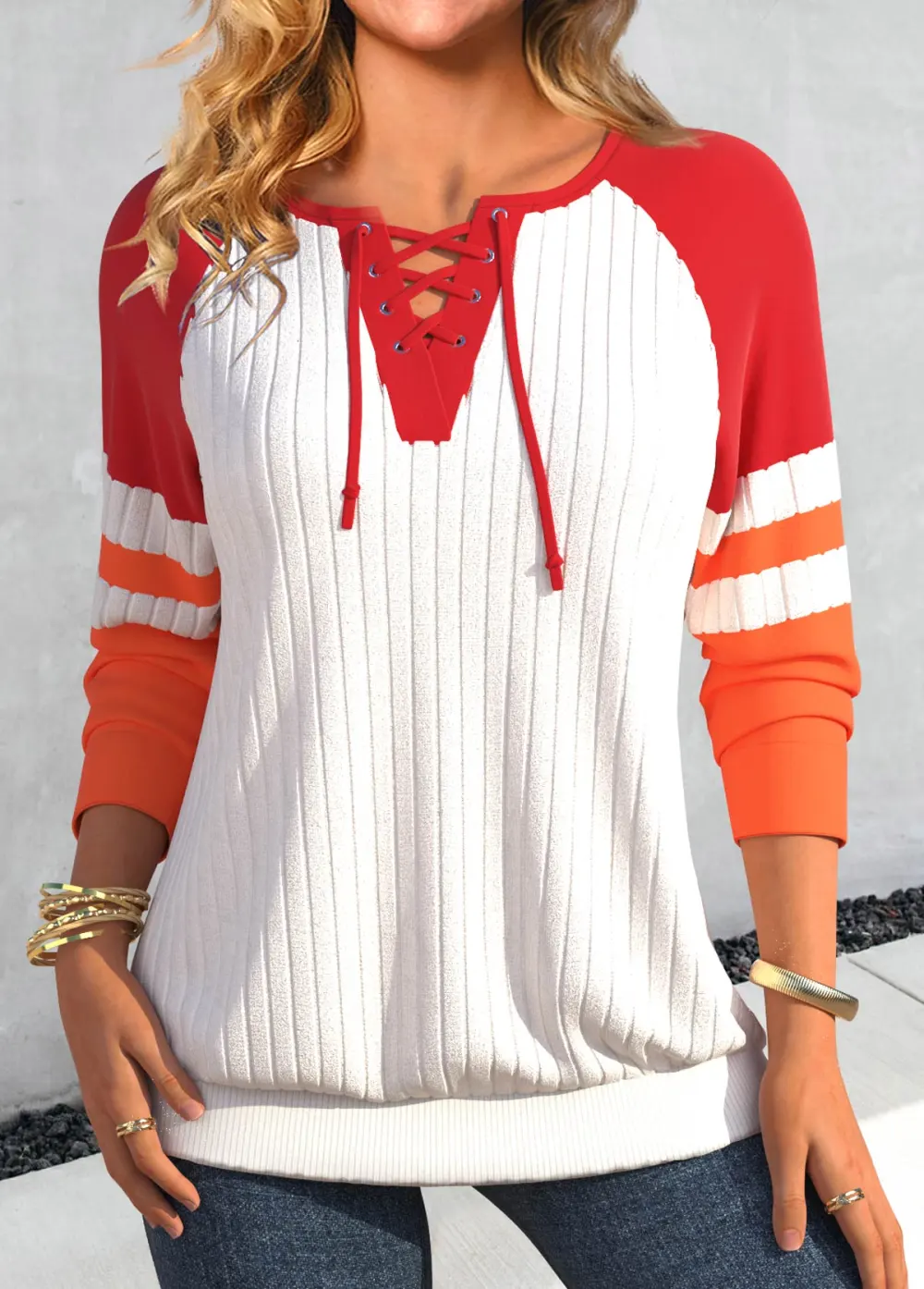 Red Patchwork Long Sleeve Lace Up Collar Sweatshirt