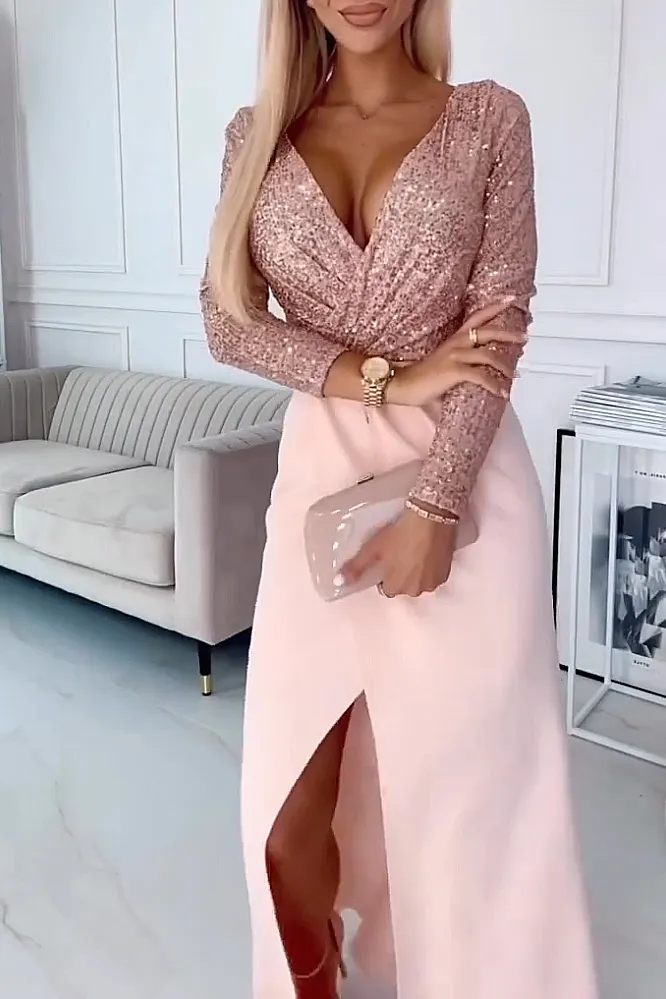 Women's solid color sequin V-neck top and skirt two-piece set