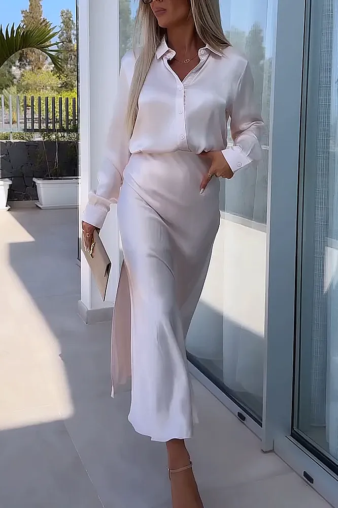 Women's solid color satin V-neck shirt and half skirt two-piece set
