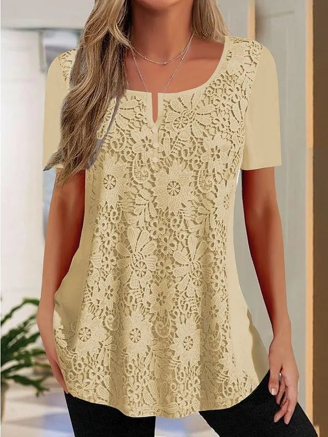 Women's Shirt Blouse White Yellow Plain Lace Short Sleeve Casual Basic V Neck Regular S