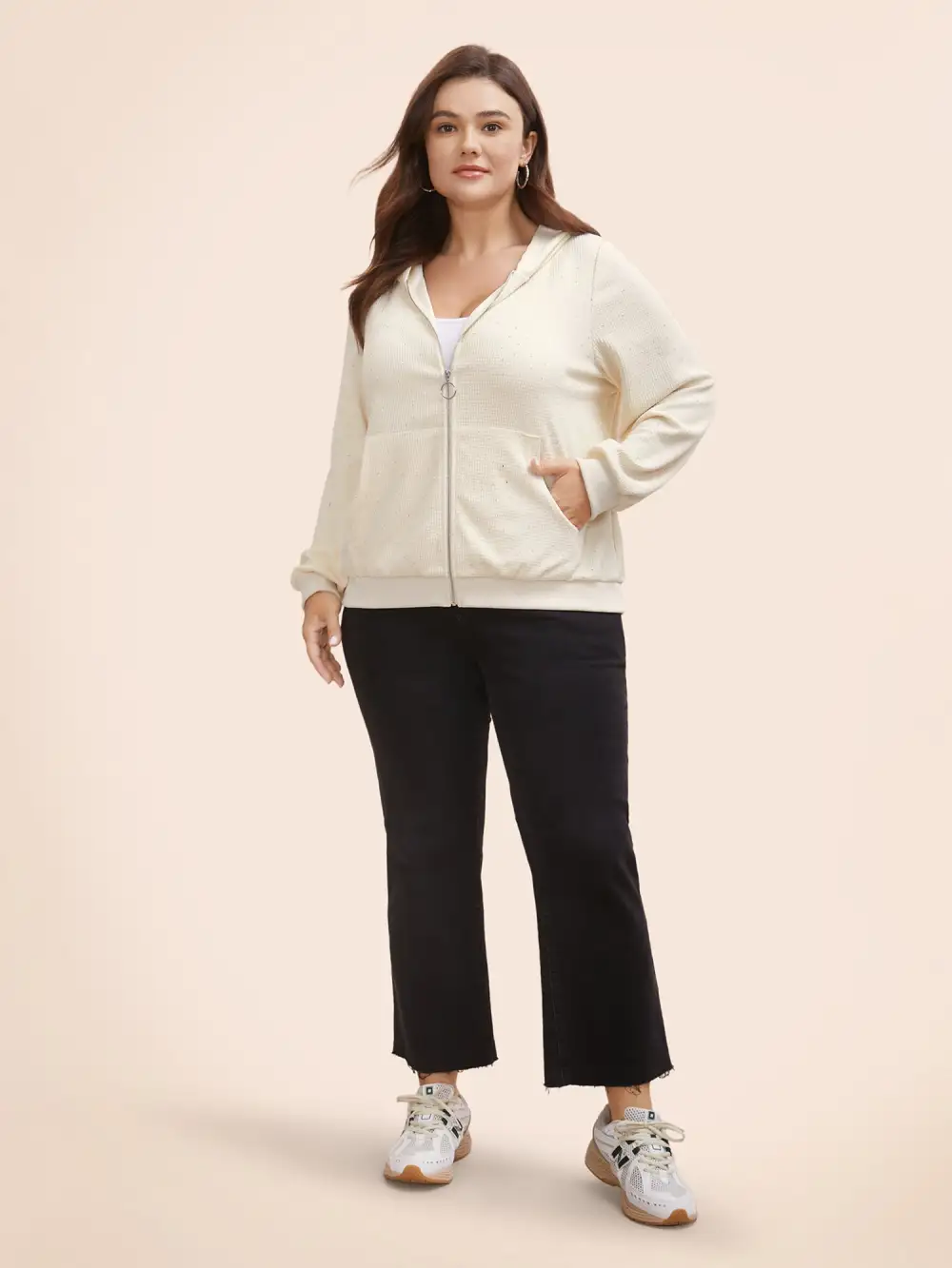 Textured Rhinestone Hooded O Ring Zipper Sweatshirt