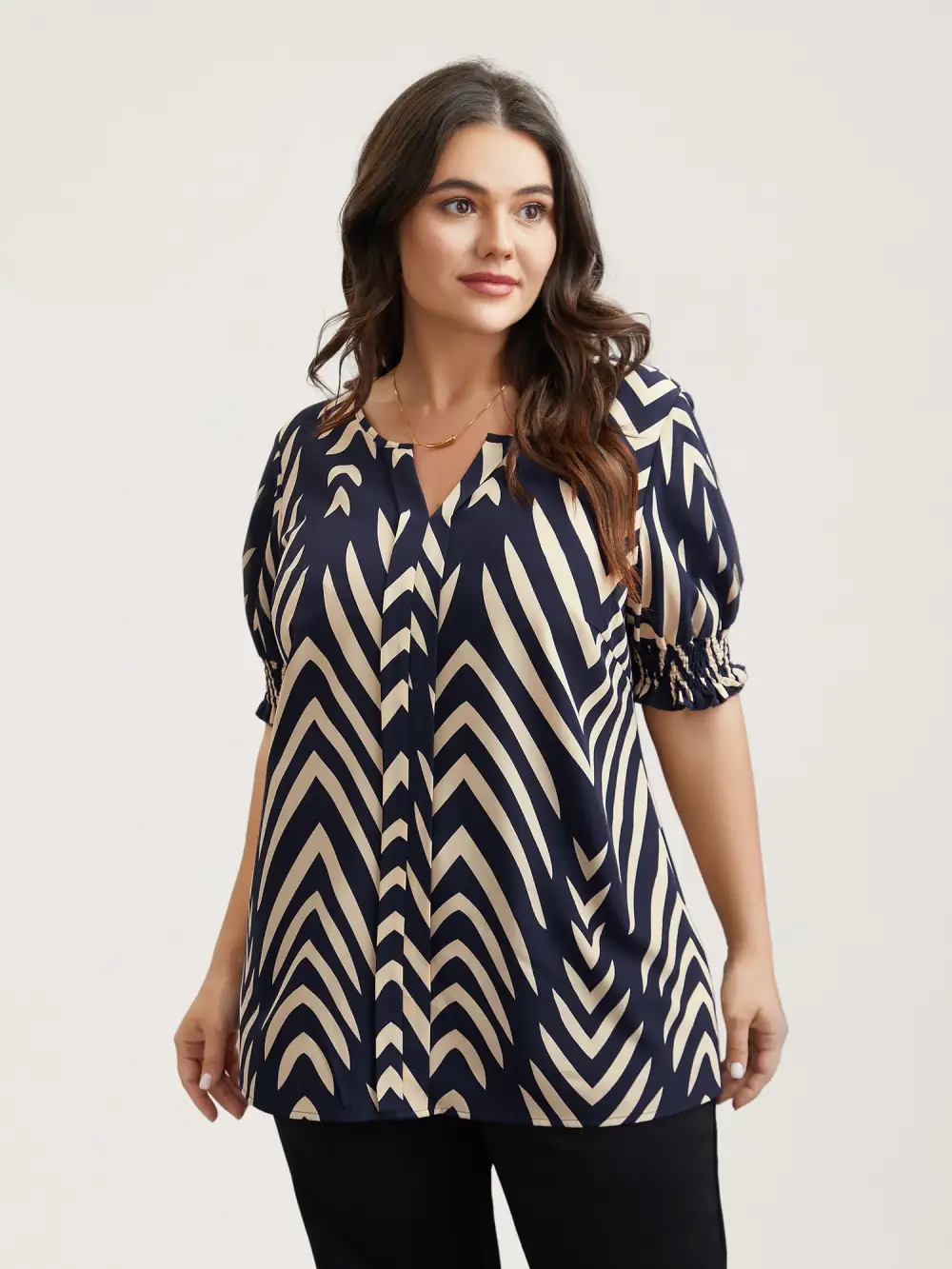 Geometric Print Ruffled Shirred Shirt