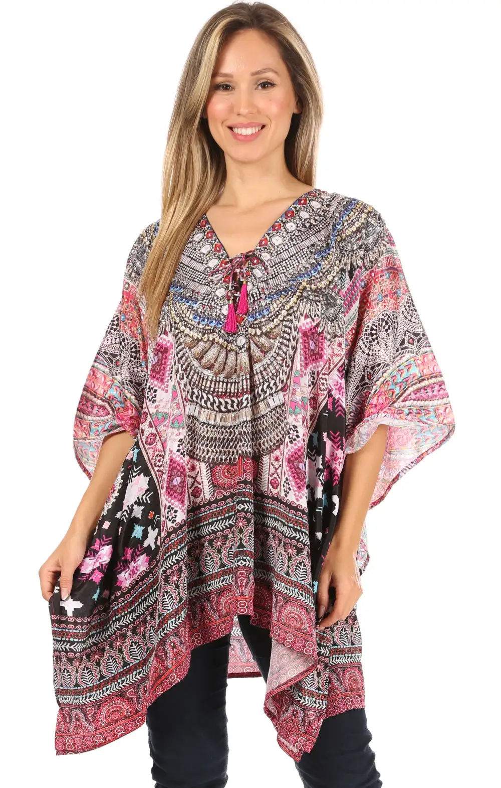 Women's Caftan Poncho Cover up V neck Top Lace up With Rhinestone