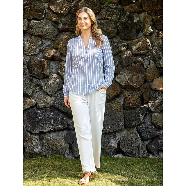 Women's Blouse Light Blue Stripes V Neck Button Front Office Shirt Long Sleeve Blouse For Spring  Summer Autumn