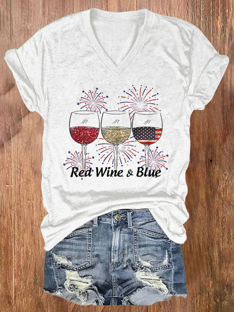 Women'S Red Wine And Blue V-Neck Short-Sleeved T-Shirt