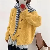 Women's Sweater Cardigan Elegant Fashion Streetwear Pure Color Crew Neck Pocket Knitted Long Sleeve Regular Tops Knit Outdoor Daily Weekend Yellow Light Green Fall Winter