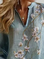 Women's Shirt Floral Daily Casual Long Sleeve V Neck Regular Tops Daily Holiday Buttons Print Blue Spring Fall