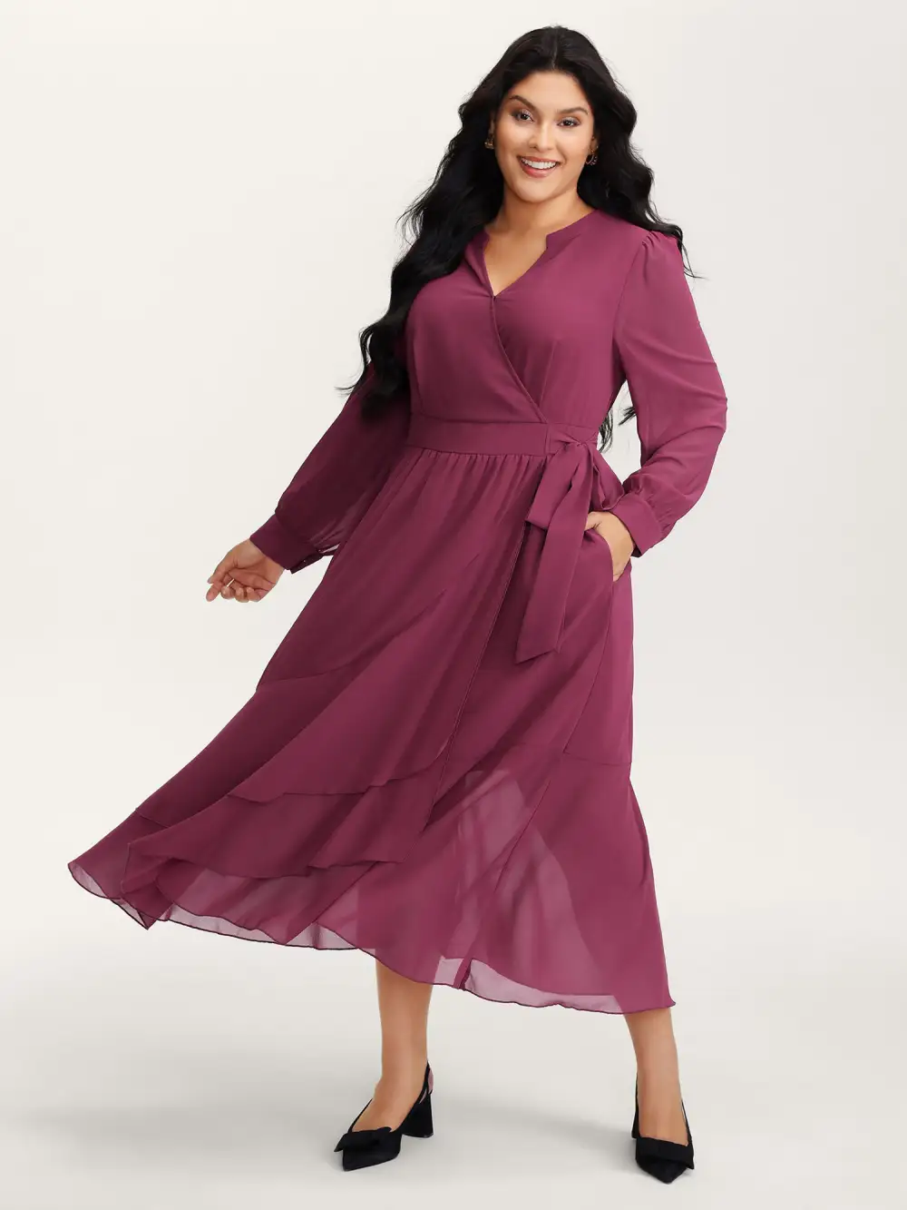 Chiffon Wrap Tie Layered Ruffled Maxi Dress