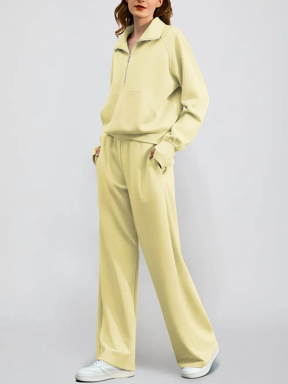 Women's Oversized Half Zip Wide Leg 2 Piece Outfits Lounge Set