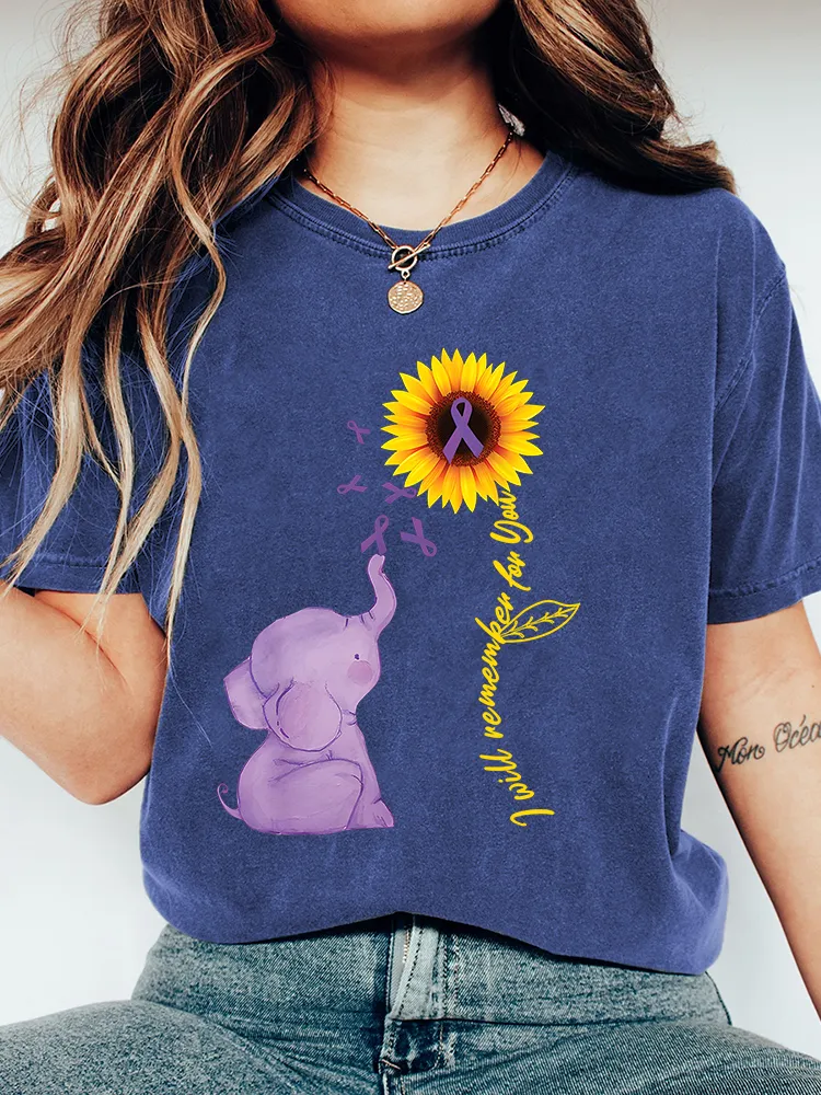 Women's Elephant I Will Remember For You Sunflower Alzheimer T-Shirt