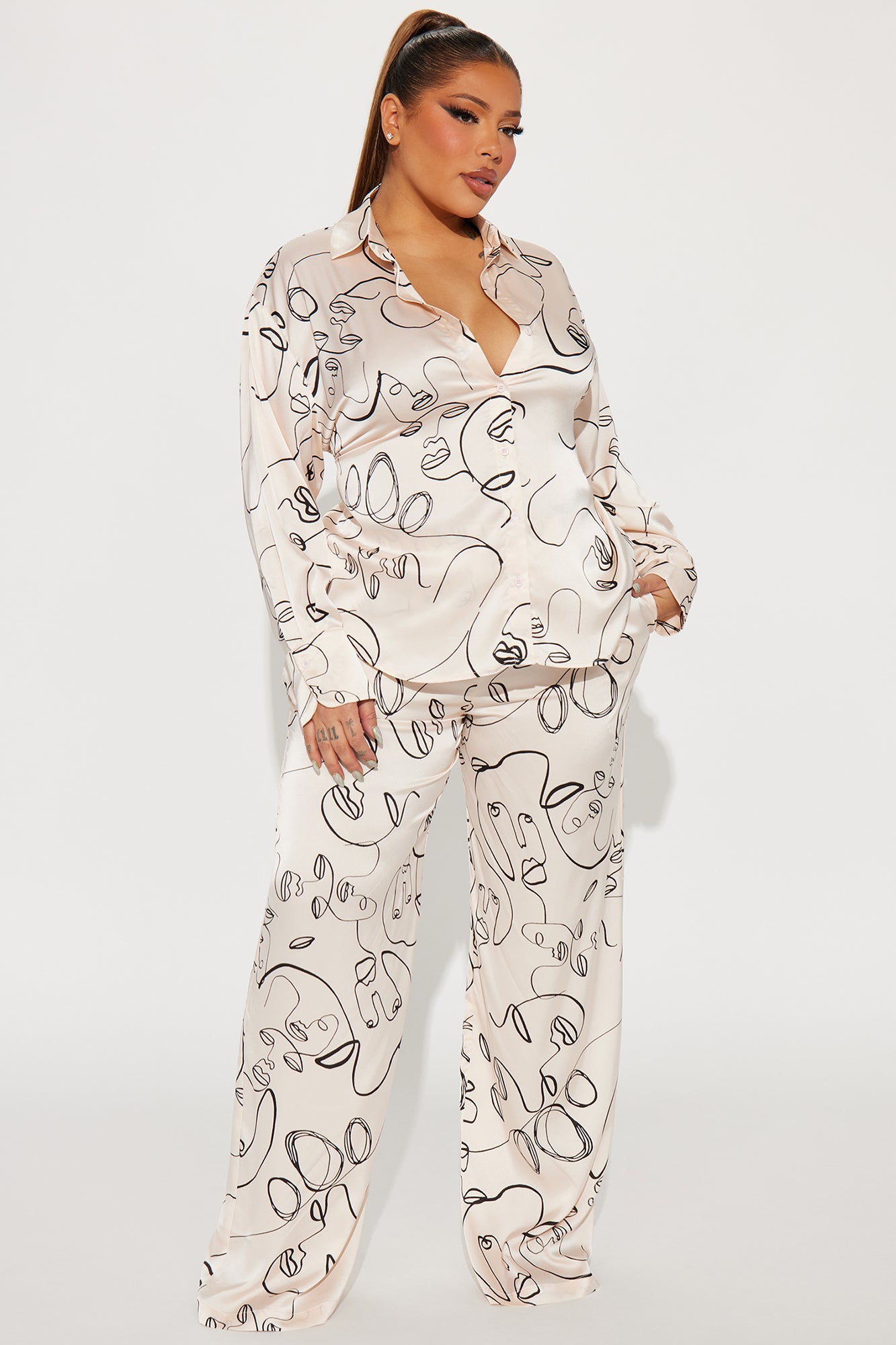 Stop Staring Satin Pant Set - Cream/combo