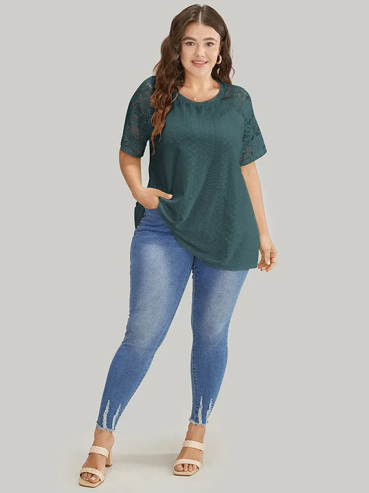 Solid Broderie Anglaise Lace Raglan Sleeve T-shirt