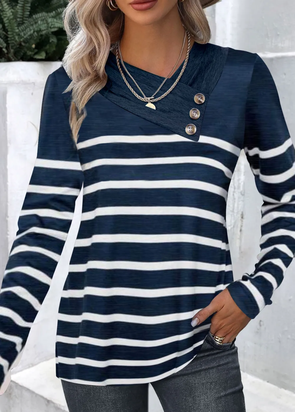 Navy Button Striped Long Sleeve T Shirt