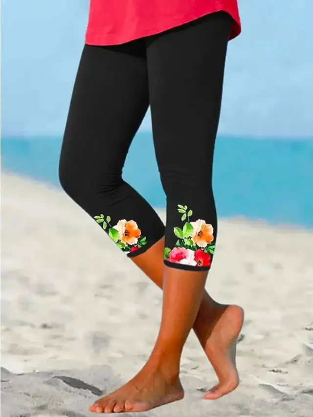 Women's Capri shorts Black / White Khaki Red Mid Waist Fashion Casual Weekend Print Stretchy Calf-Length Tummy Control Animal S M L XL XXL / Skinny