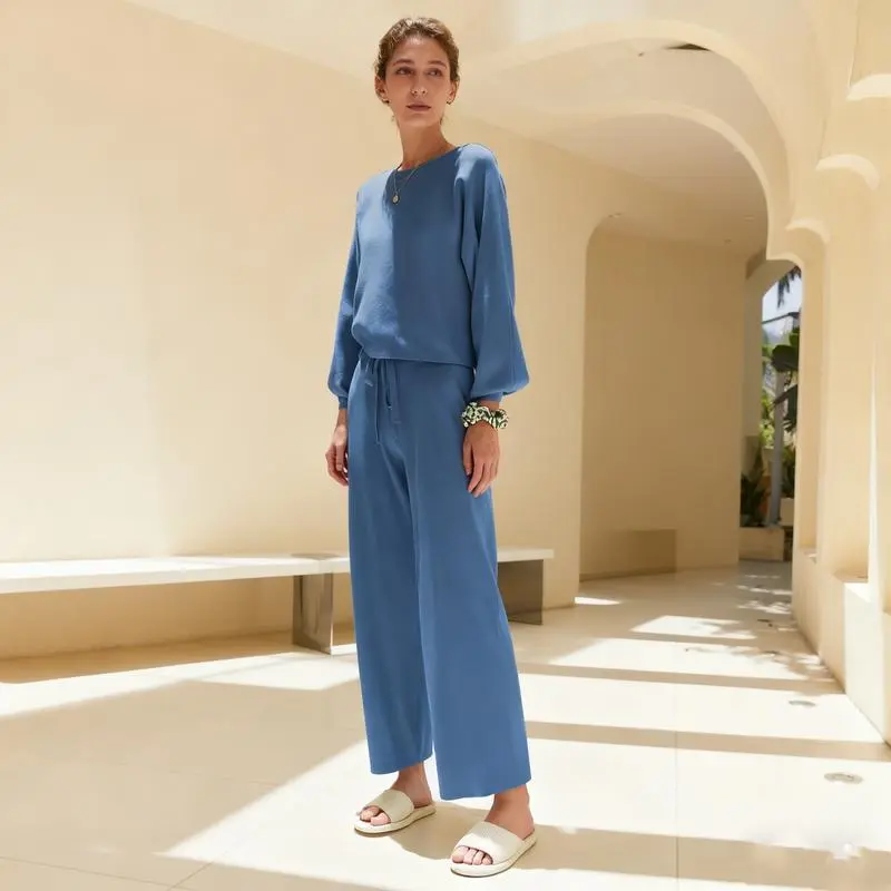 Womens Fall Winter Casual Solid Knitted 2 Piece Sets Long Sleeve Hoodie