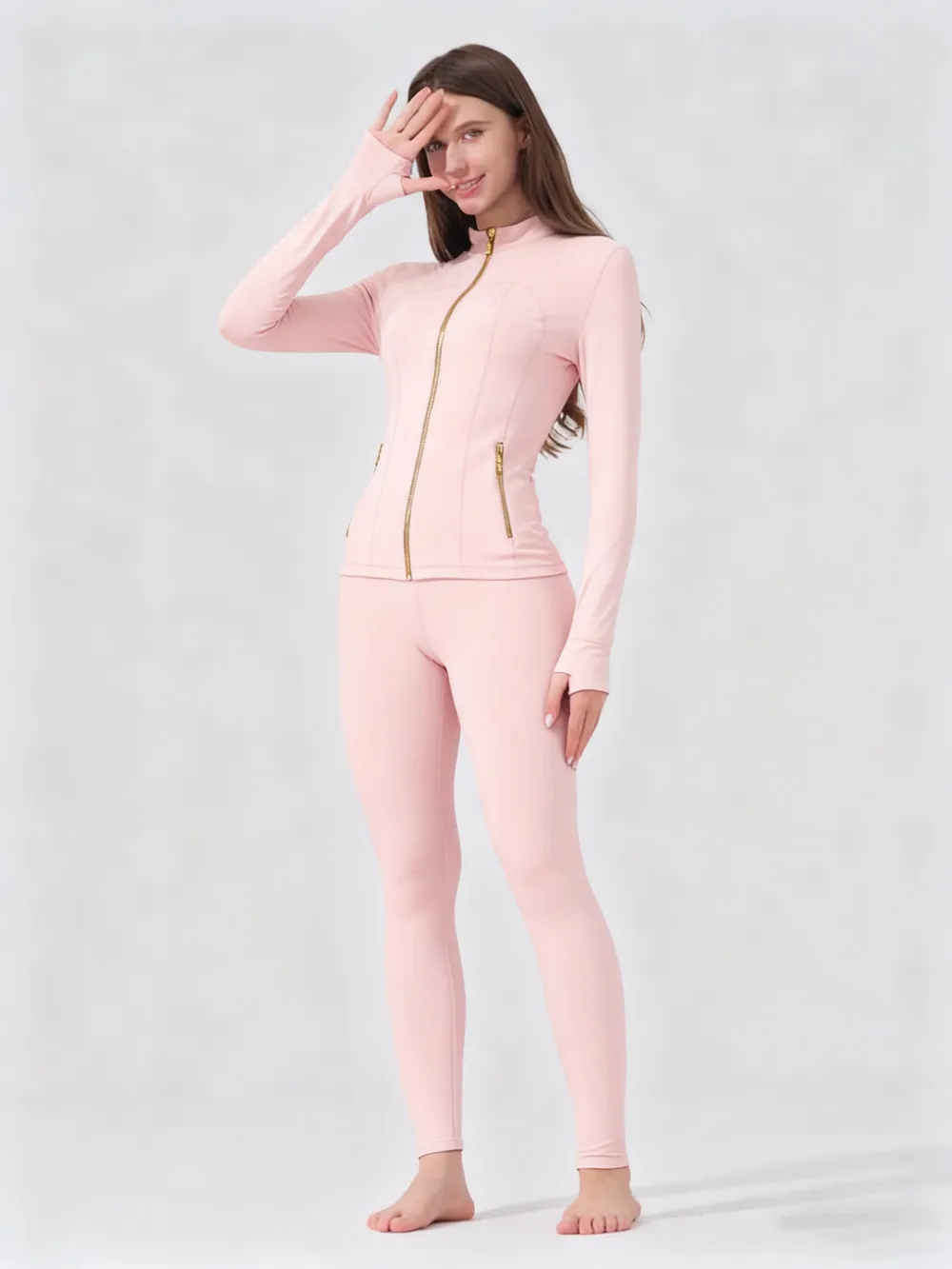 Women's  Sporty Tracksuit: Golden Zipper Pocket Jacket + Yoga Pants