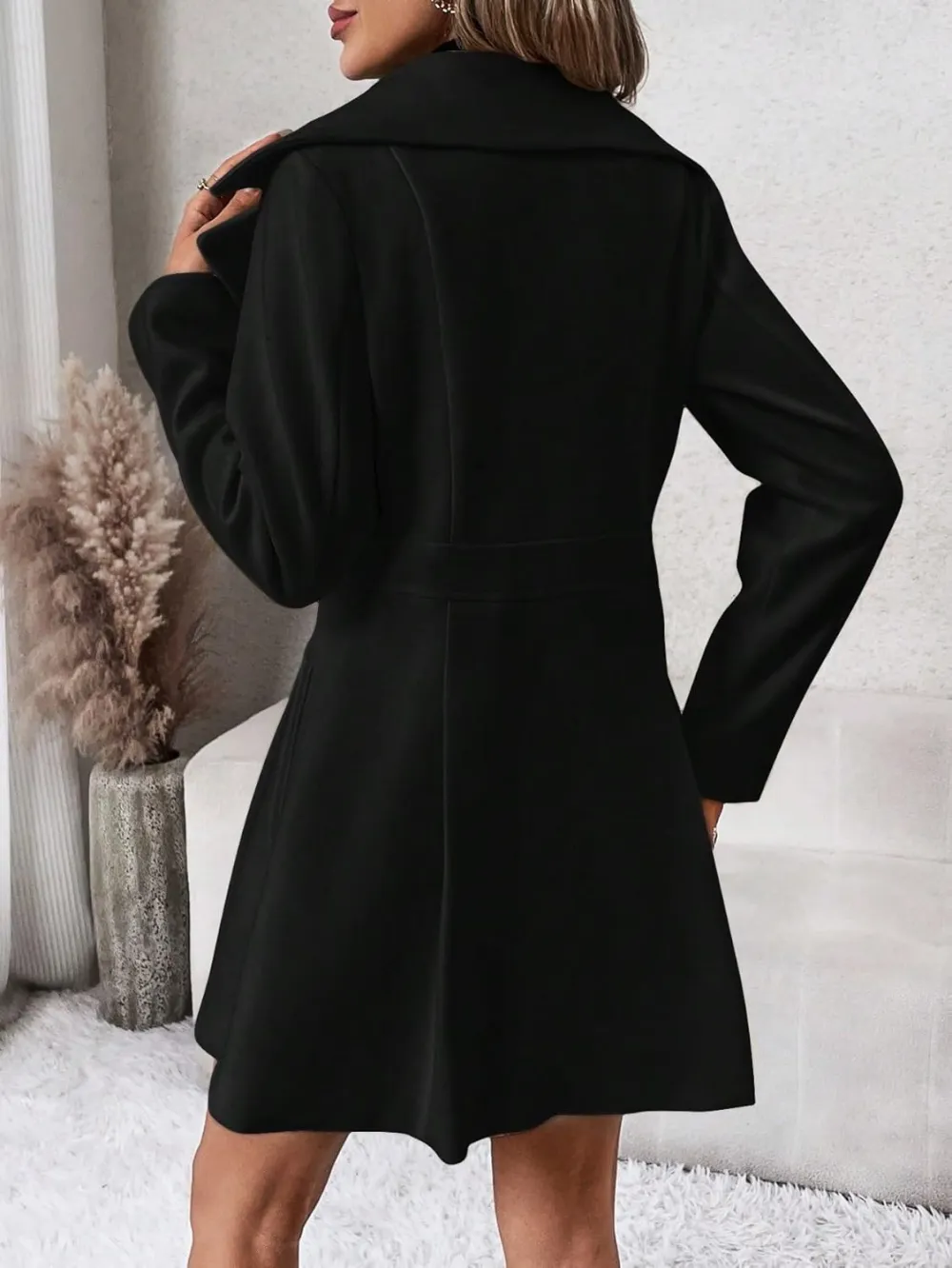 Casual Overcoat For Women's Lapel Neck Double Breasted Slant Pocket Overcoat Button Front Winter Outerwear Fall Coat