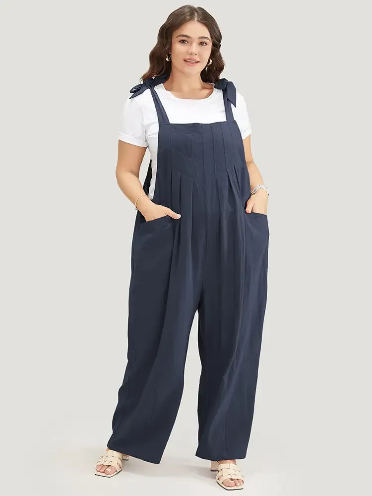 Solid Pleated Detail Pocket Knotted Shoulder Overall Jumpsuit