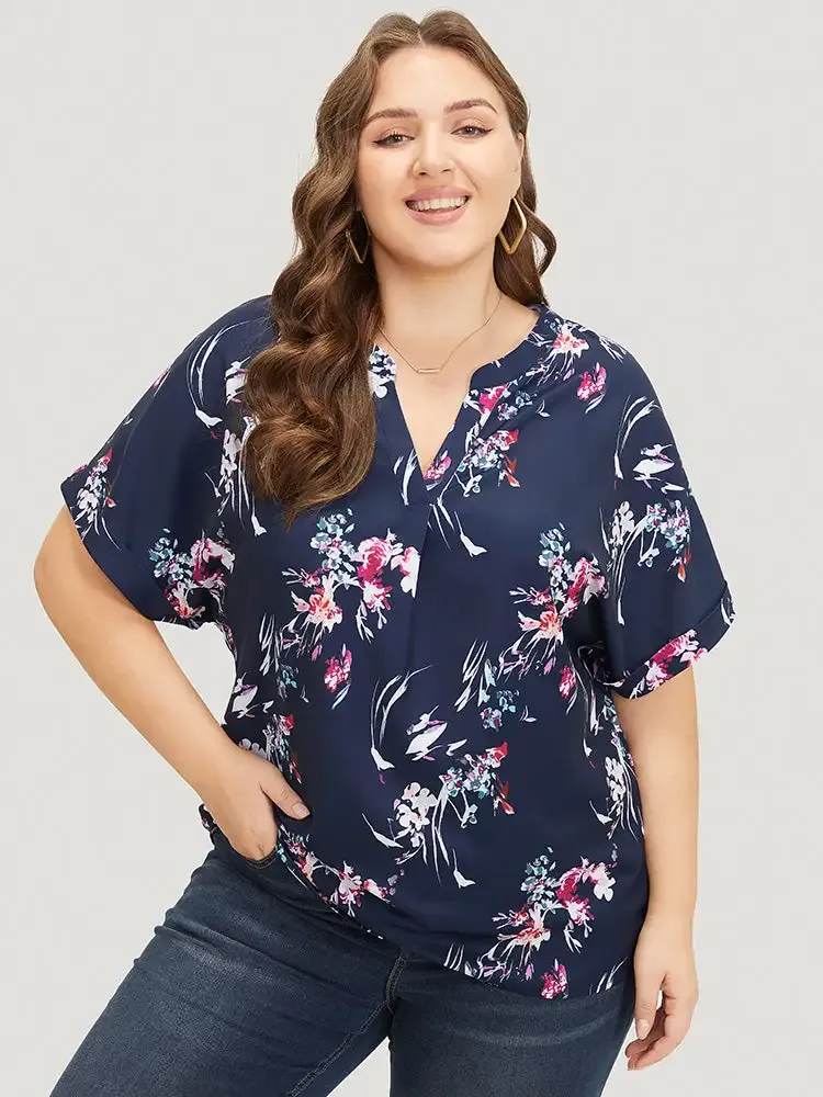 Floral Roll Batwing Sleeve Notched Neck Blouse