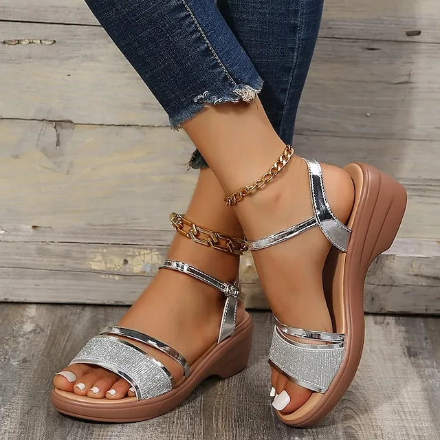 Women's Sandals Wedge Sandals Sparkling Glitter Wedge Heel Open Toe Casual Faux Leather Glitter Ankle Strap Silver Gold
