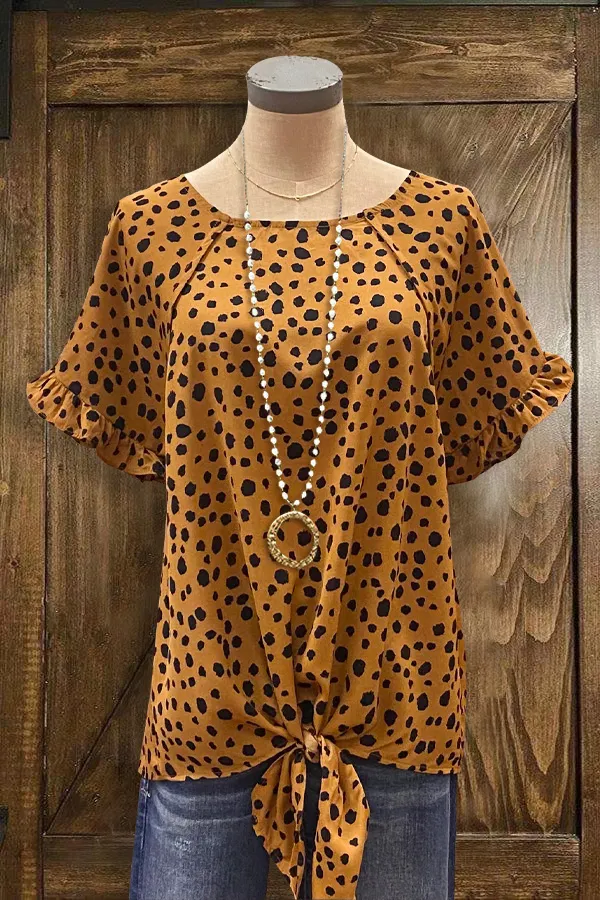 Leopard Print Ruffle Sleeve Tied Short Sleeve Blouse
